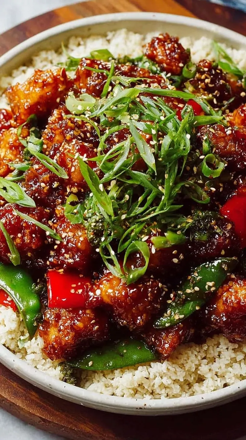 Crispy golden chicken cubes glazed in a glossy red sauce with green onions