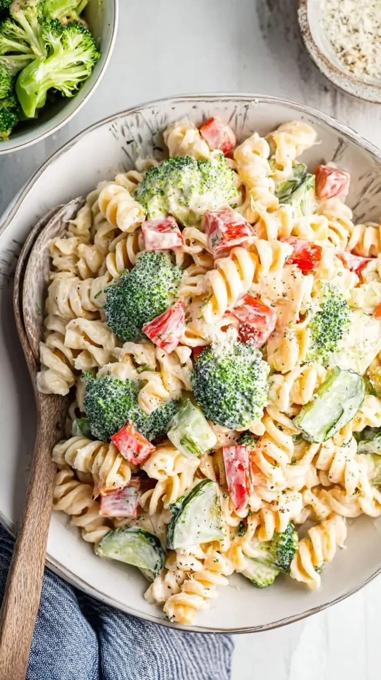 A bowl of creamy rotini pasta salad with cherry tomatoes, peas, cheddar cheese, and bacon bits.