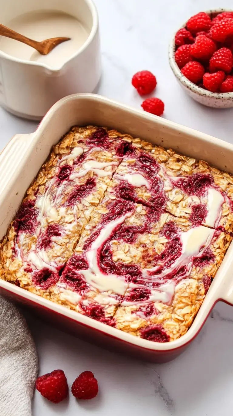 A golden brown baked oatmeal dish with fresh raspberries on top and a custard-like center.