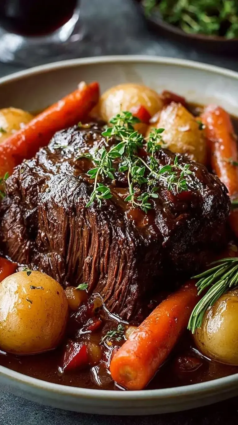 A Dutch oven filled with tender beef chuck roast, carrots, and celery in a rich red wine sauce.
