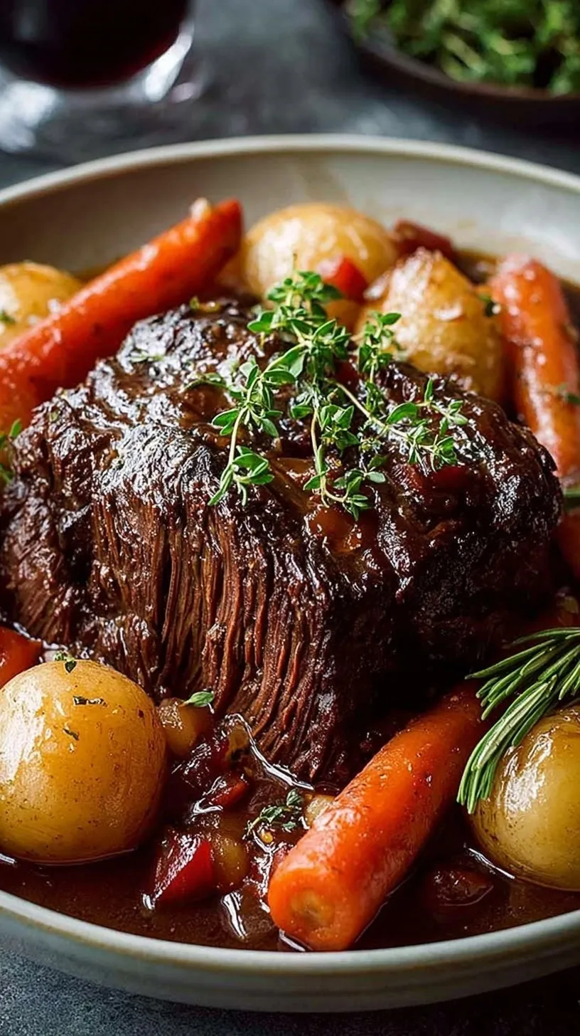 A Dutch oven filled with tender beef chuck roast, carrots, and celery in a rich red wine sauce.