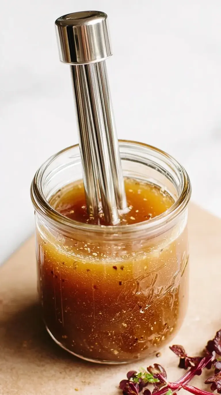 A glass jar filled with golden red wine vinaigrette next to fresh greens