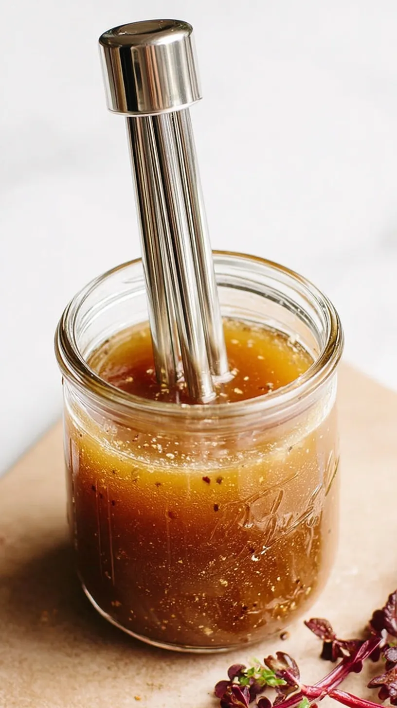 A glass jar filled with golden red wine vinaigrette next to fresh greens