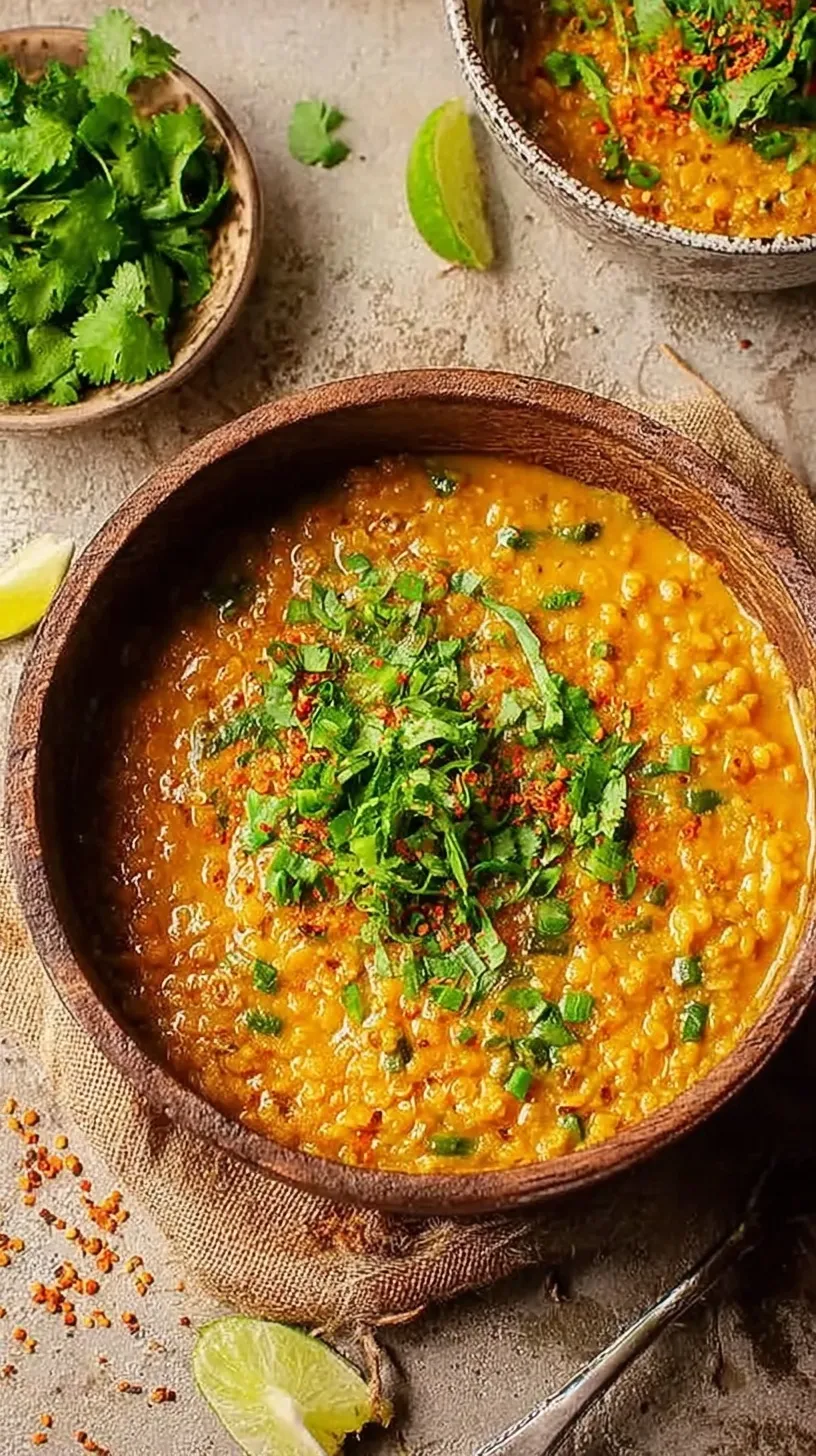 A bowl of rich, dark Rendang Red Lentils garnished with fresh herbs and served with jasmine rice.