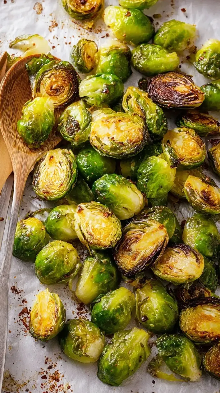 Golden brown roasted Brussels sprouts on a baking sheet