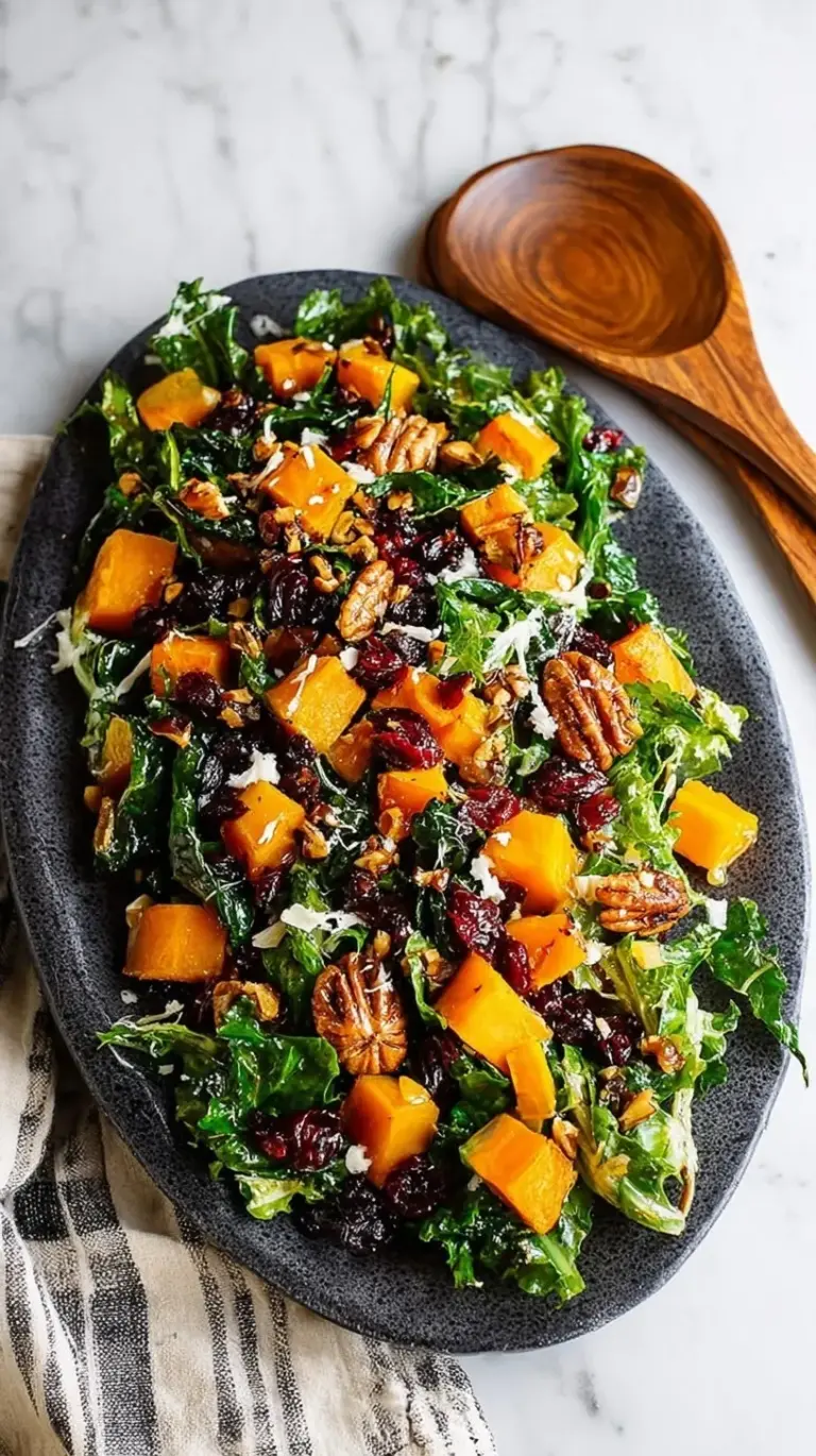 A vibrant roasted butternut squash salad with baby kale, pecans, dried cranberries, and crumbled goat cheese in a large bowl.