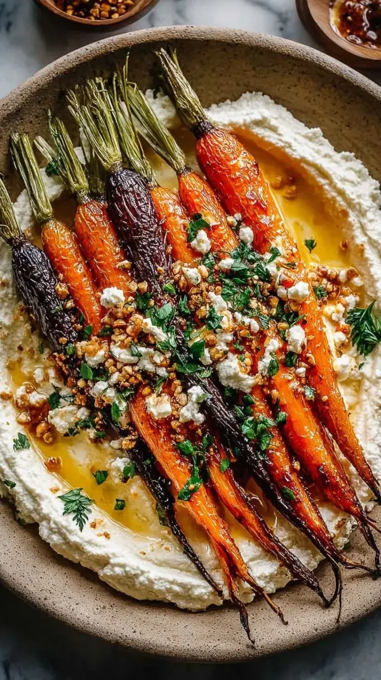 Golden roasted carrots served over a bed of creamy whipped ricotta with honey drizzle