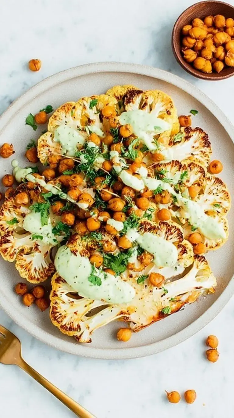 Roasted cauliflower steaks topped with chickpeas and green sauce on a plate.