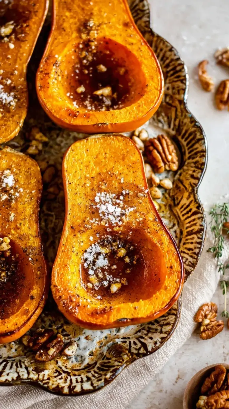 Halved roasted honeynut squash on a baking sheet with caramelized edges and maple glaze