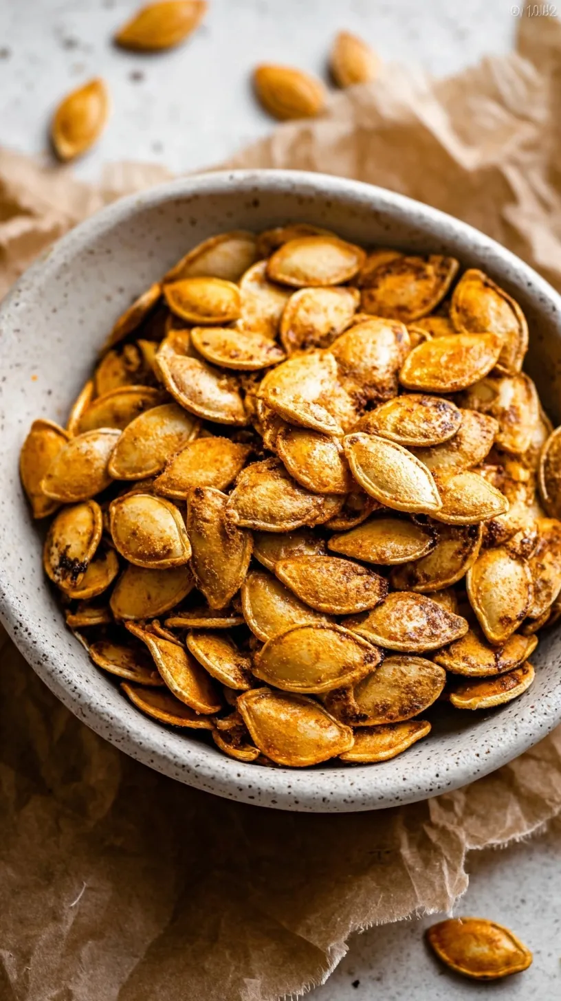 Golden brown roasted pumpkin seeds on a parchment-lined baking sheet