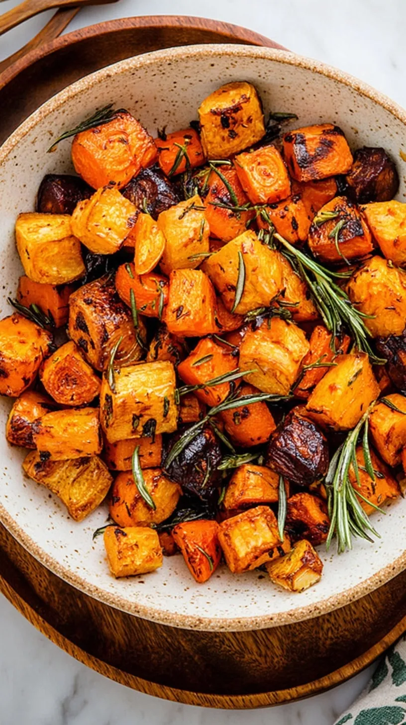 A tray of golden-brown roasted root vegetables with fresh rosemary and thyme.