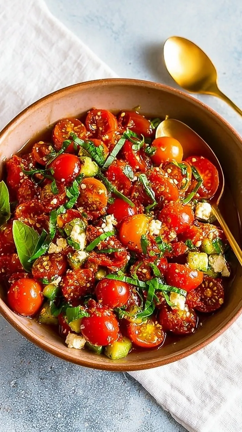 A white bowl filled with roasted cherry tomatoes, green arugula, and crumbled feta cheese with a balsamic drizzle.