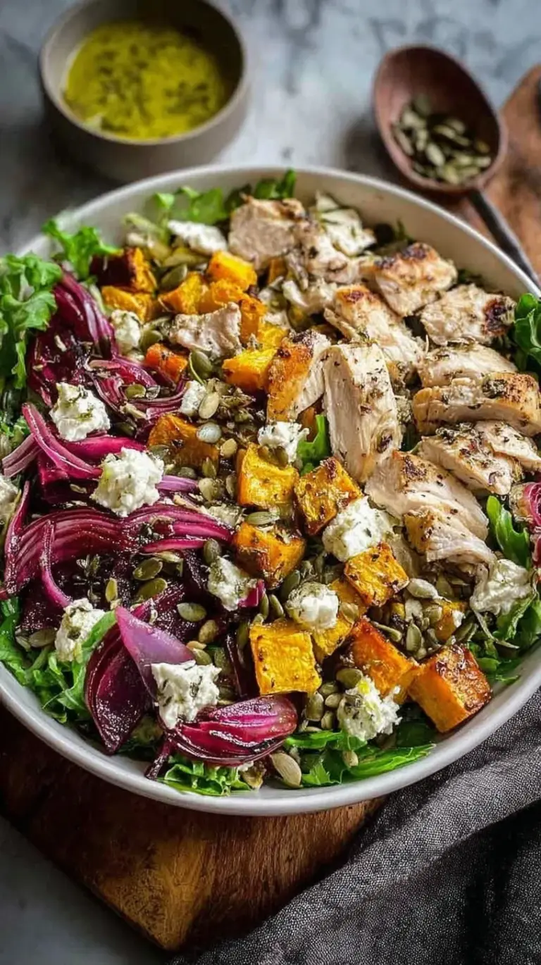 A vibrant healthy chicken bowl with roasted sweet potatoes, broccoli, and creamy tahini dressing