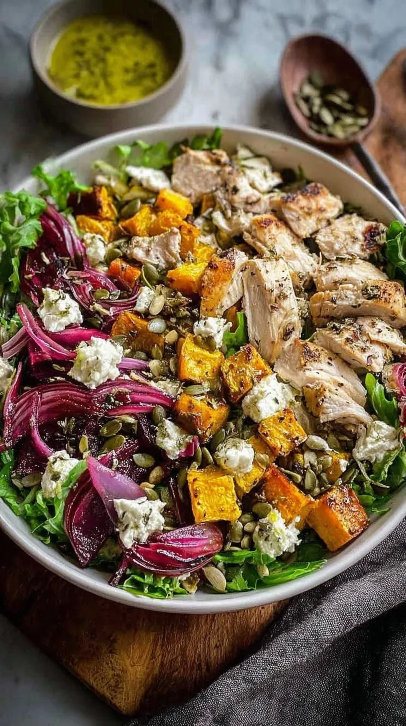 A vibrant healthy chicken bowl with roasted sweet potatoes, broccoli, and creamy tahini dressing