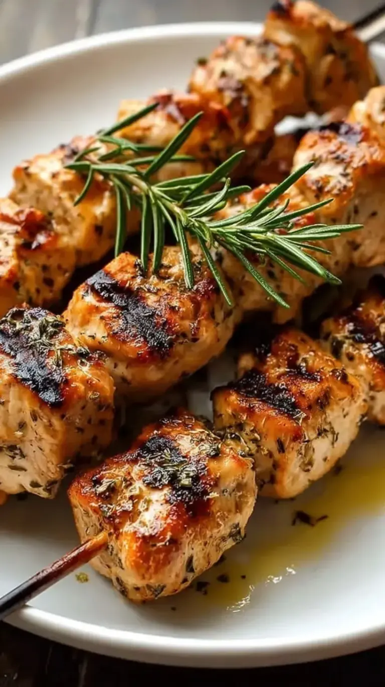 Grilled rosemary ranch chicken skewers on a platter with fresh herbs