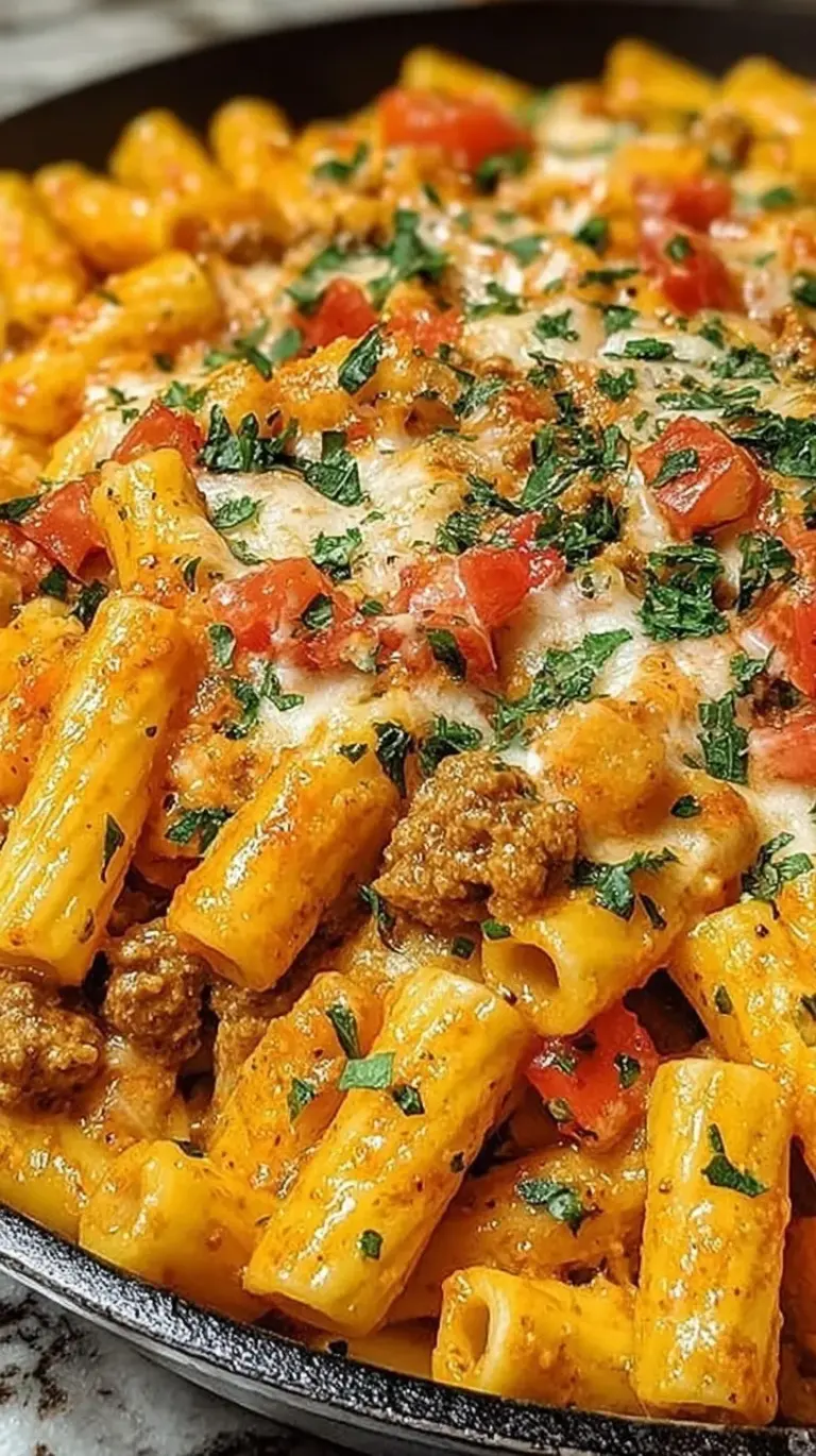 A skillet filled with creamy rotini pasta, ground beef, and melted cheddar cheese