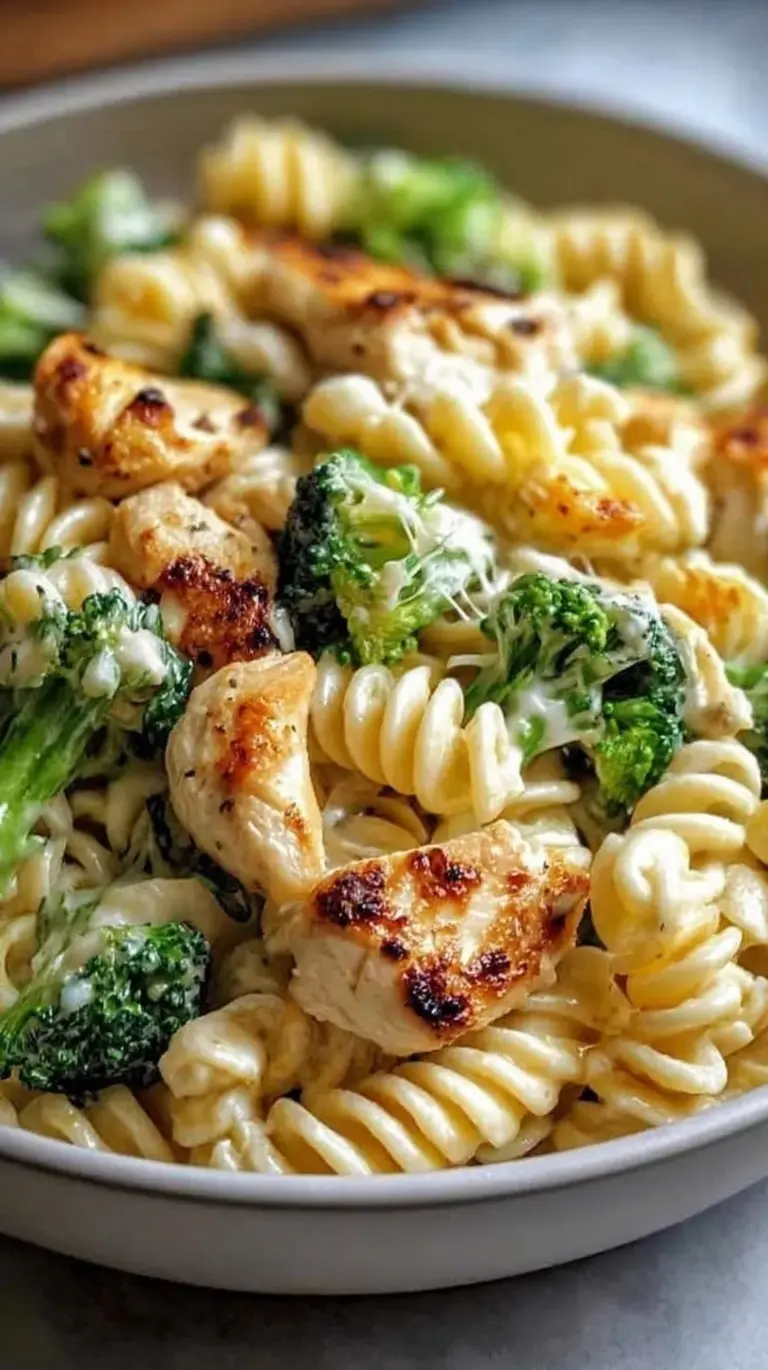 A bowl of rotisserie chicken broccoli pasta with parmesan cheese and red pepper flakes.