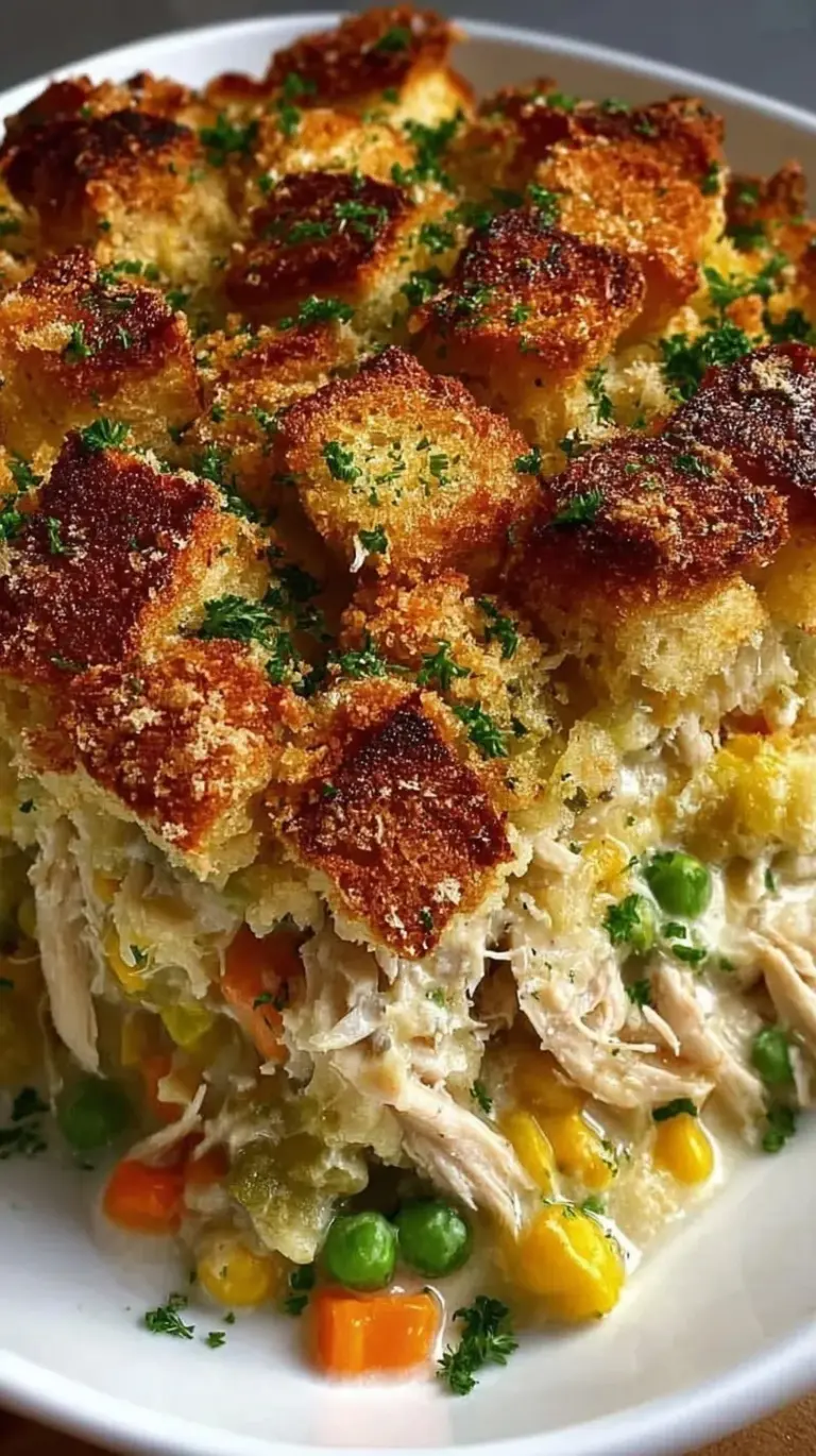 A golden brown rotisserie chicken stuffing casserole in a white baking dish with a creamy vegetable center.