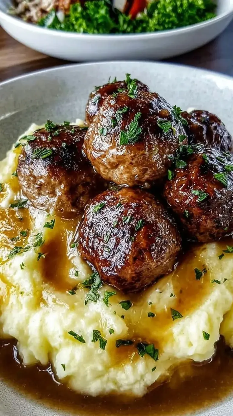 A plate of savory Salisbury steak meatballs smothered in mushroom gravy over creamy garlic mashed potatoes.