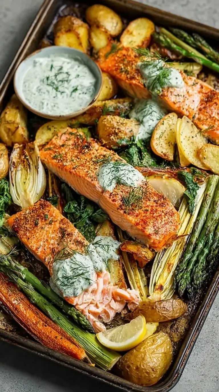 A sheet pan with roasted salmon fillets, charred asparagus, and golden baby potatoes garnished with lemon slices and fresh dill.