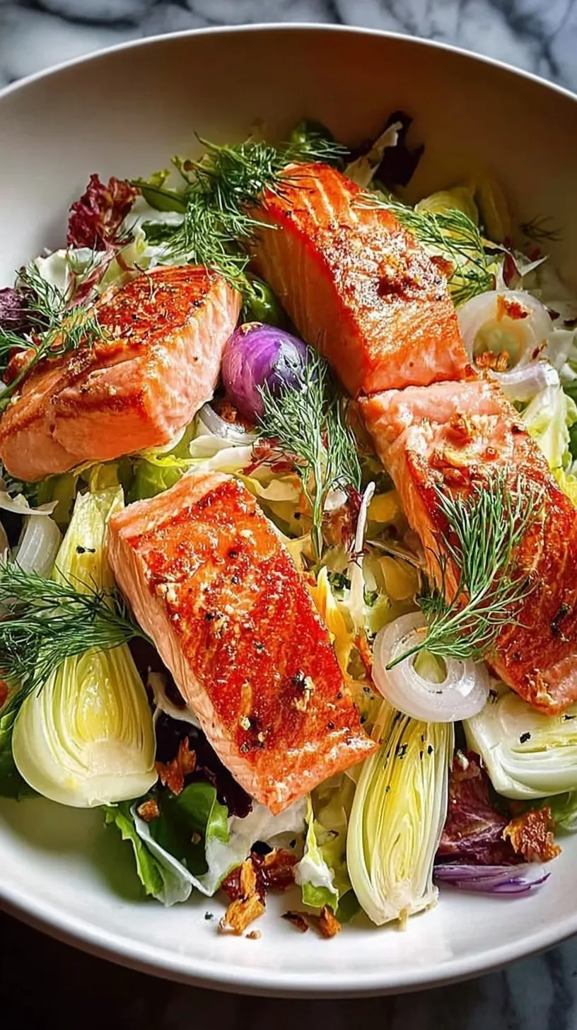 Pan-seared salmon fillet served over a bed of shaved fennel and green arugula with citrus dressing