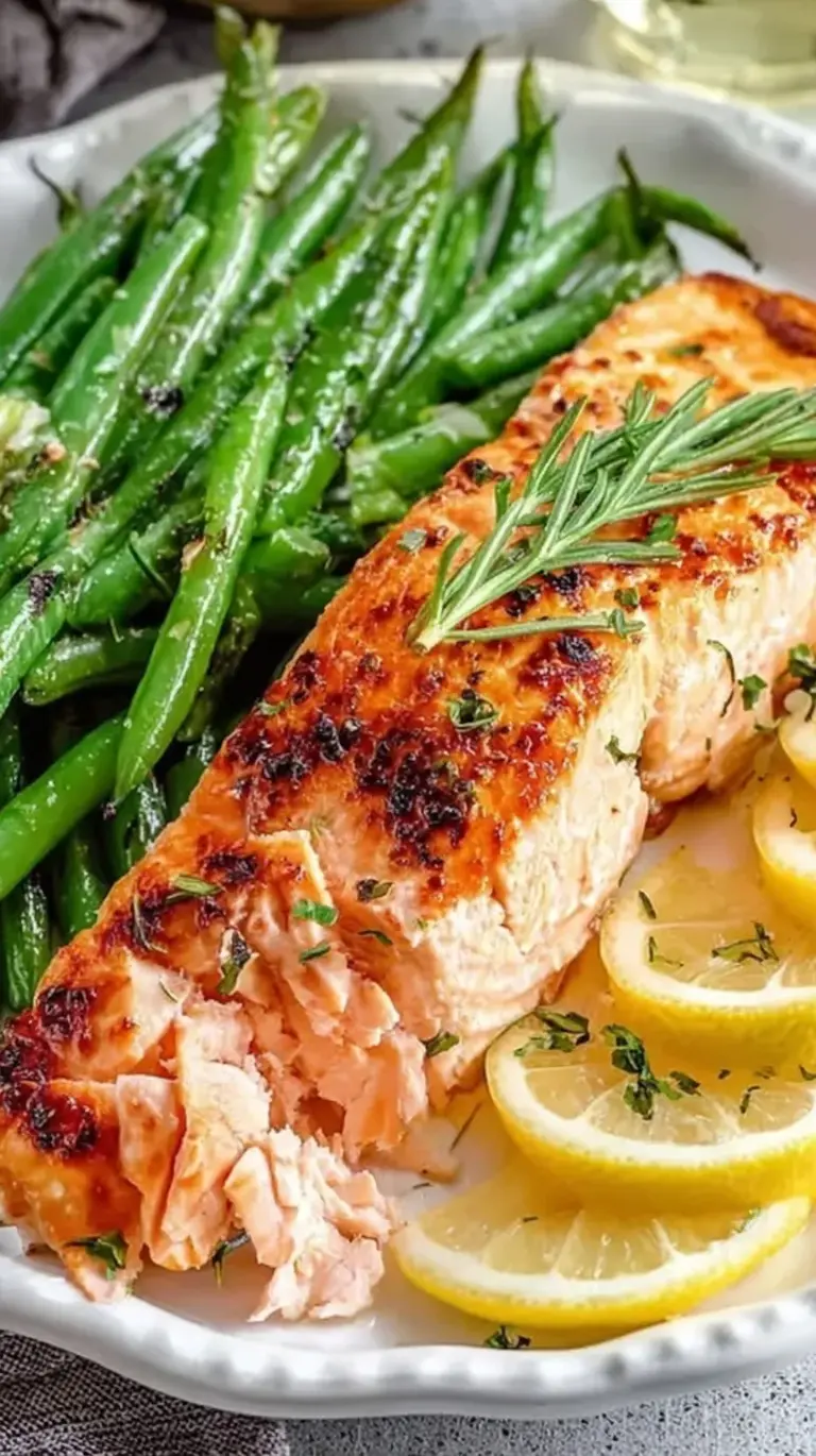 A sheet pan with roasted salmon fillets topped with lemon slices and tender green beans.