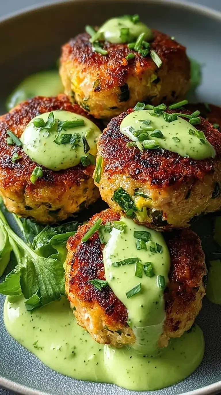 Golden pan-seared salmon balls on a white plate with a side of green avocado sauce