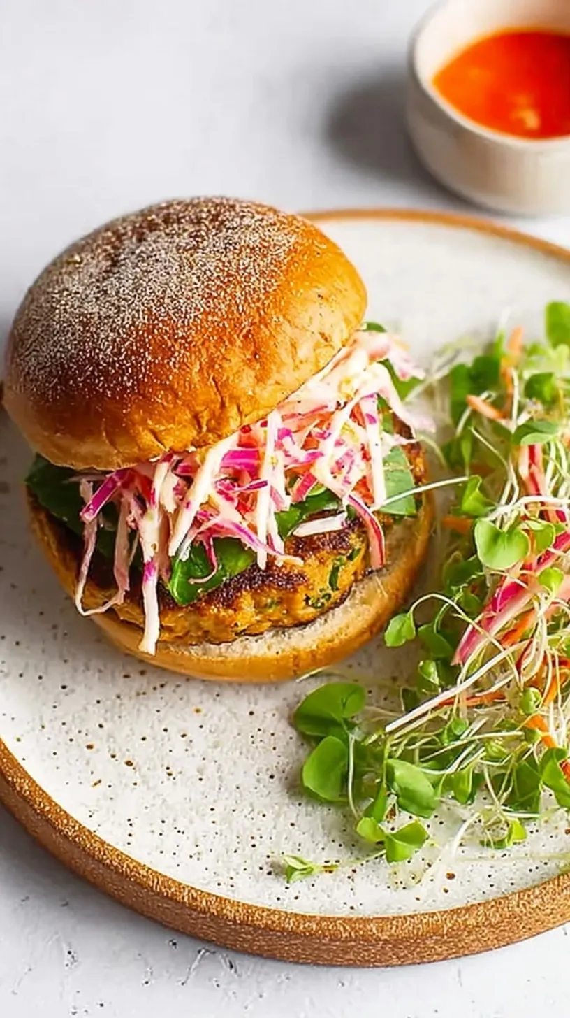 Golden pan-seared salmon burgers on toasted brioche buns topped with vibrant pink sriracha cabbage slaw