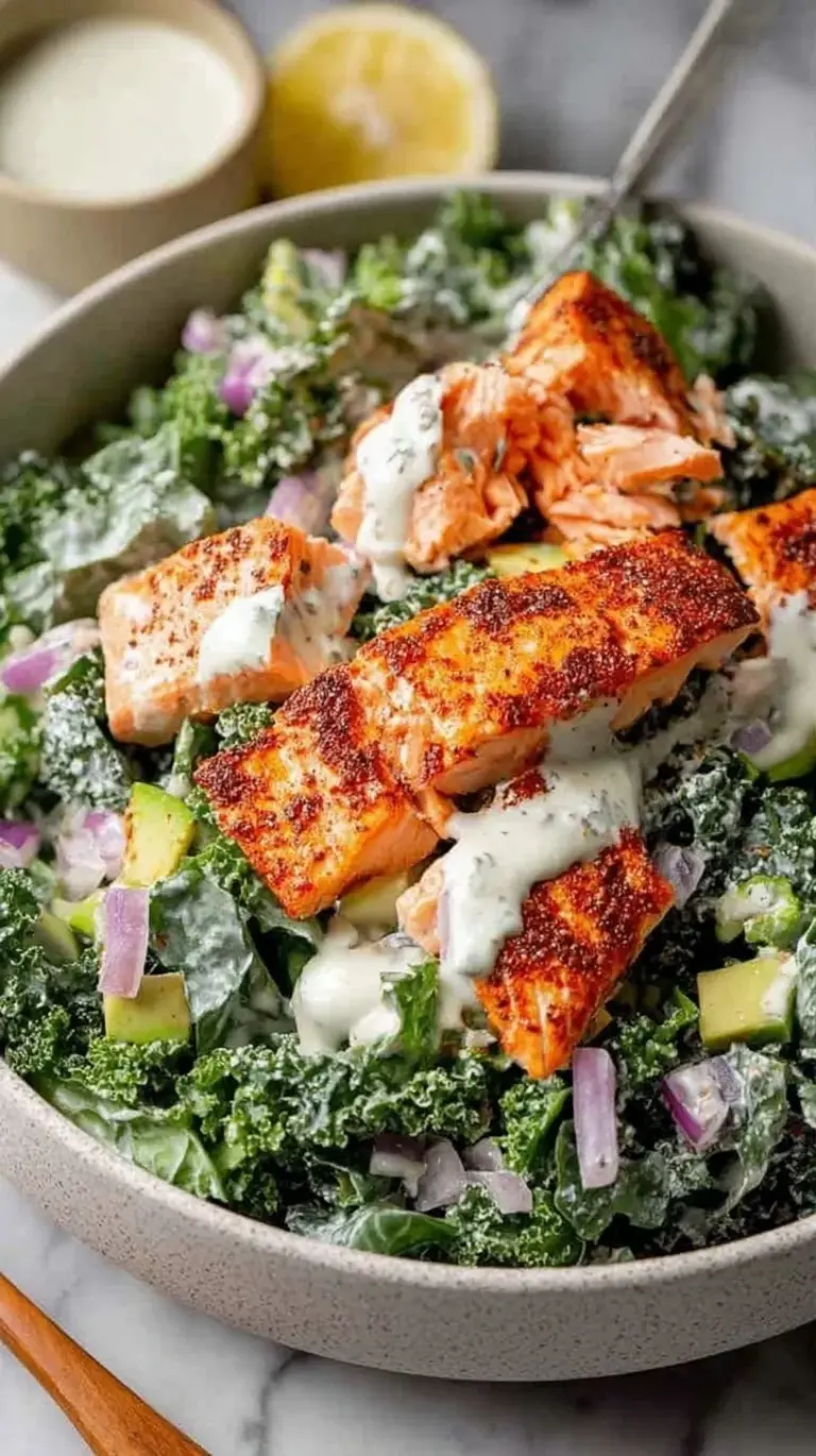 Pan-seared salmon fillet on a bed of massaged kale with creamy dressing and croutons