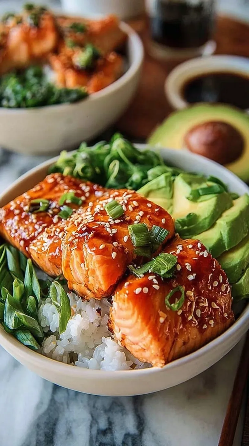 Two Salmon Rice Bowls with sliced avocado, cucumber, and spicy mayo drizzle on a modern table.