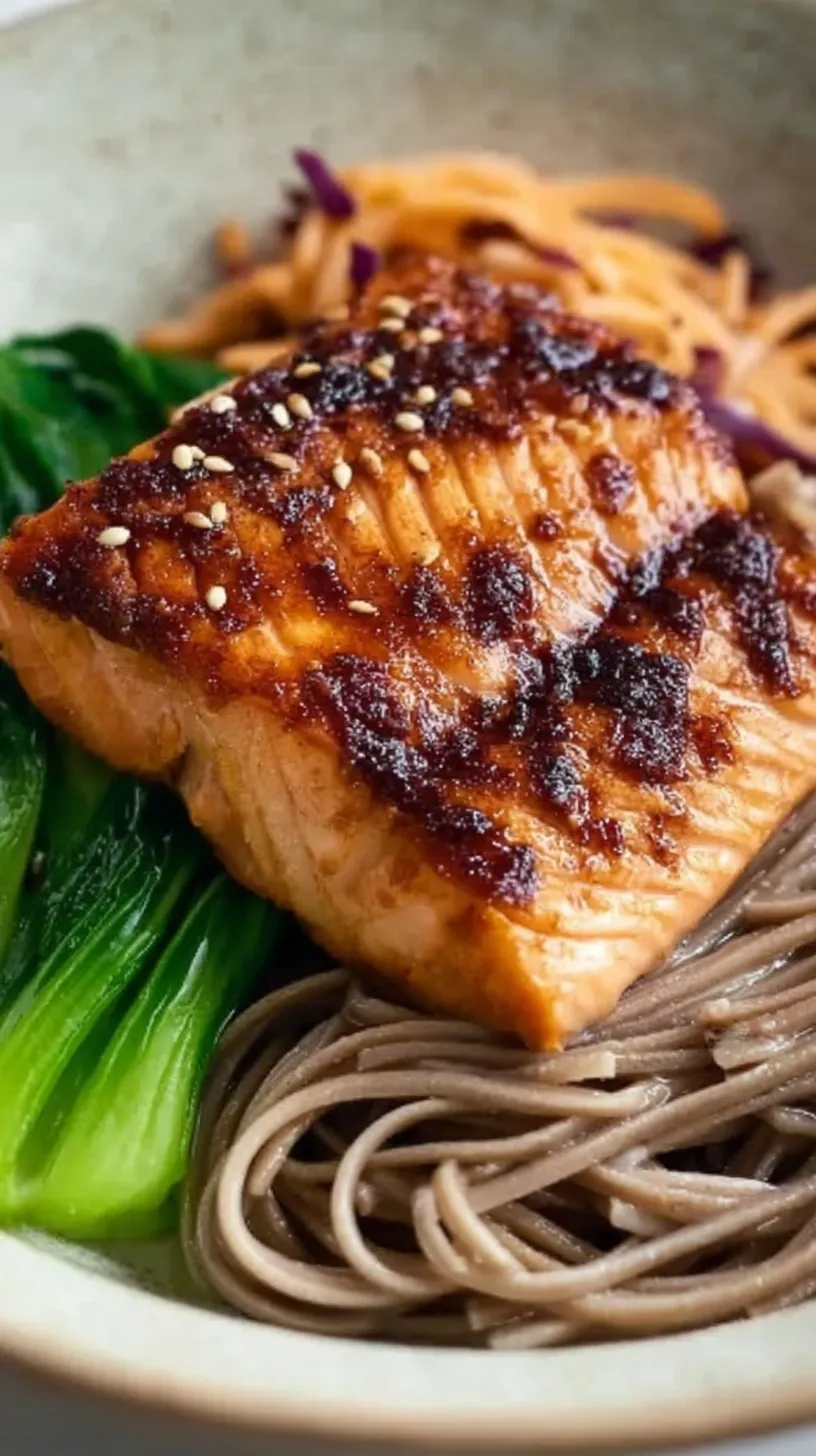 A chilled bowl of salmon soba noodle salad with julienned cucumbers and edamame