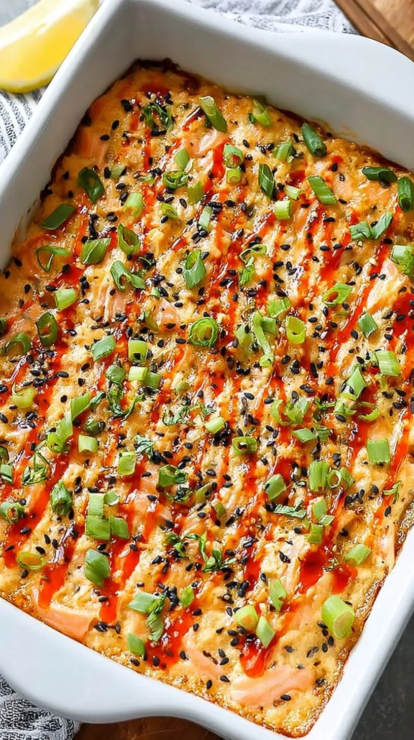 A golden, creamy salmon sushi bake in a glass dish topped with green onions and unagi sauce.