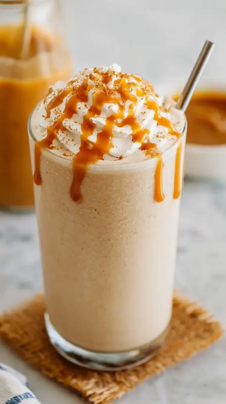 A creamy salted caramel protein shake in a chilled glass topped with a pinch of sea salt.