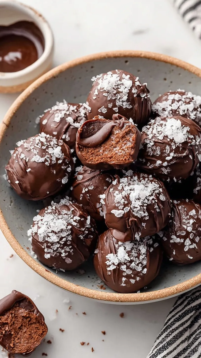 A plate of Salted Chocolate Protein Balls with a crackly dark chocolate shell and flaky sea salt on top.