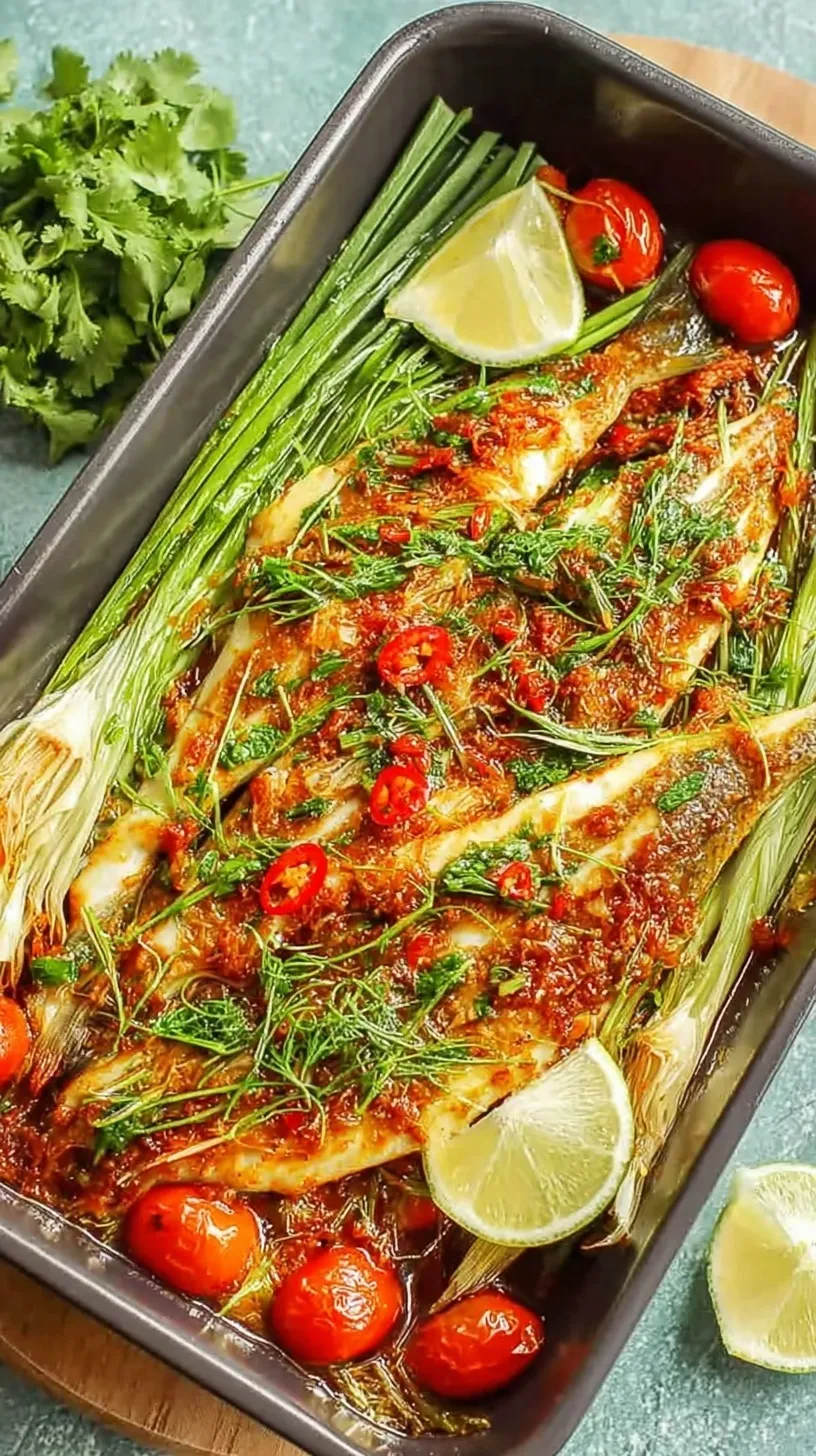 Pan-seared sea bass fillets topped with a red sambal ginger paste in a skillet.