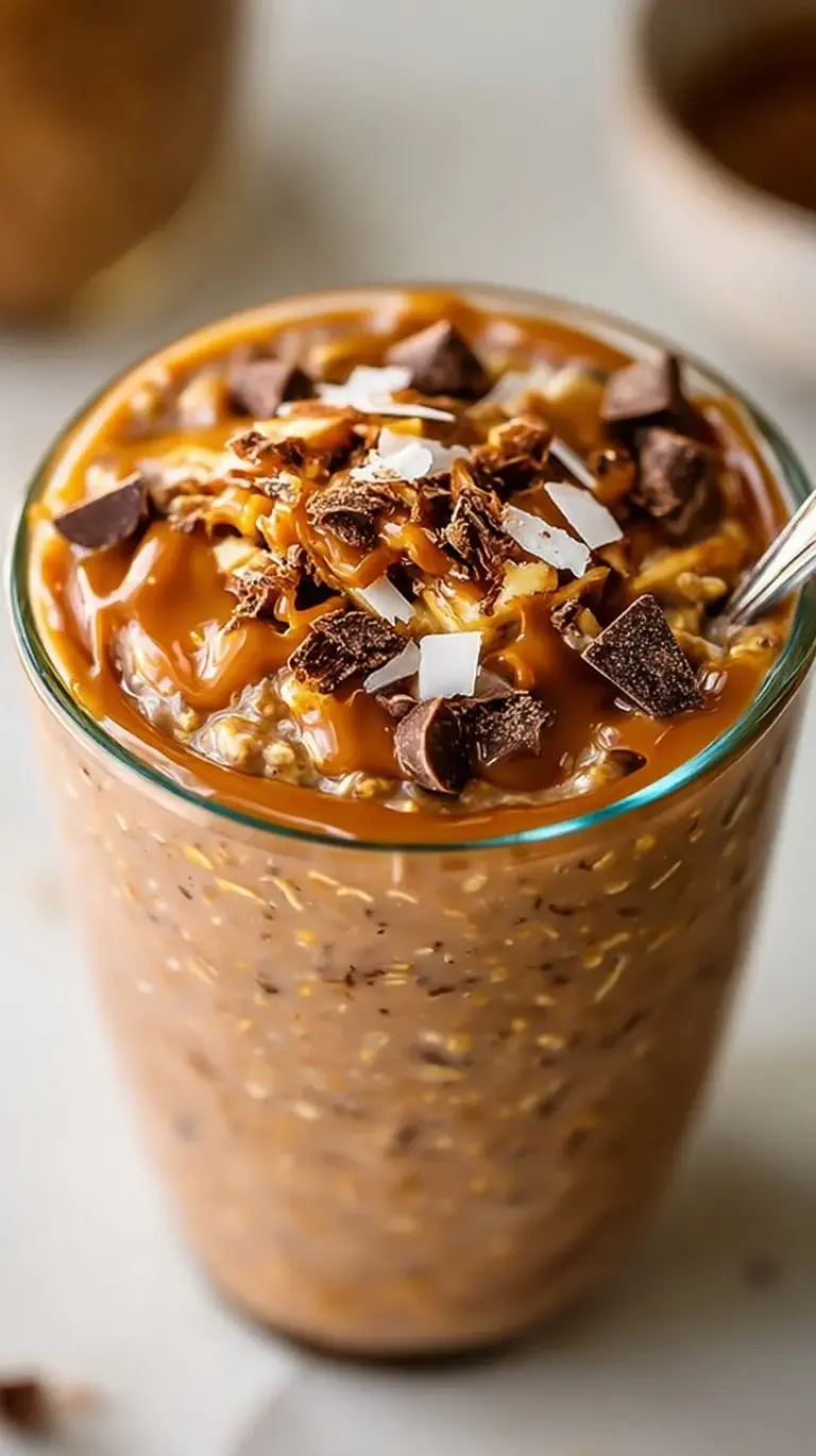 A glass jar filled with creamy overnight oats topped with toasted coconut, chocolate chips, and caramel drizzle.