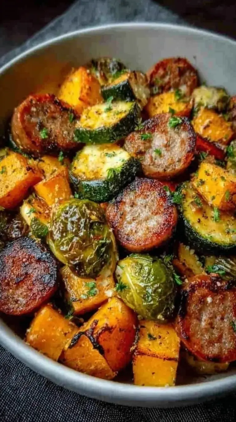 A colorful skillet filled with sliced smoked sausage, green and red bell peppers, and zucchini half-moons.