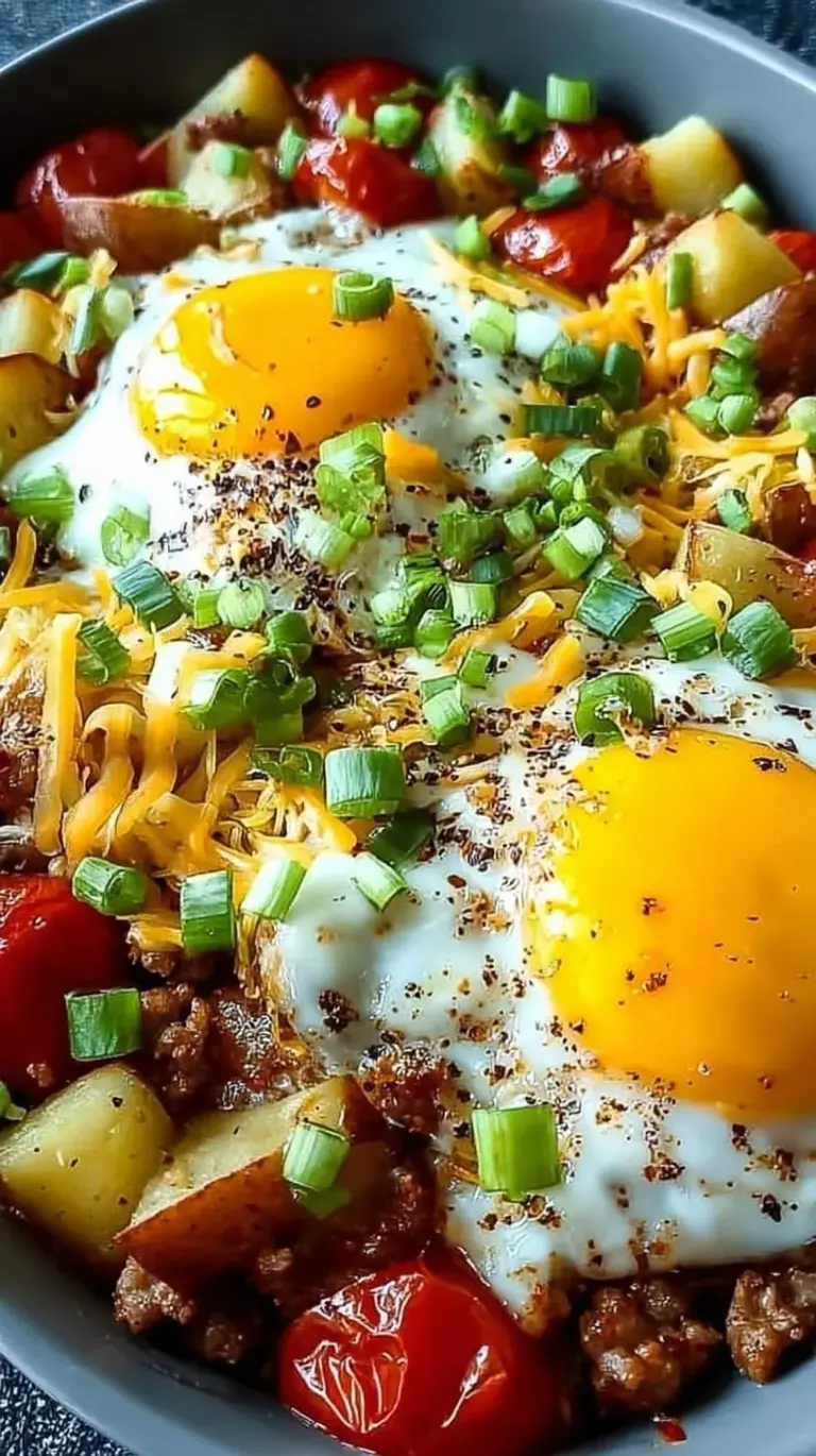 A close-up of a breakfast bowl with roasted potatoes, browned sausage, scrambled eggs, melted cheddar, and sliced green onions.