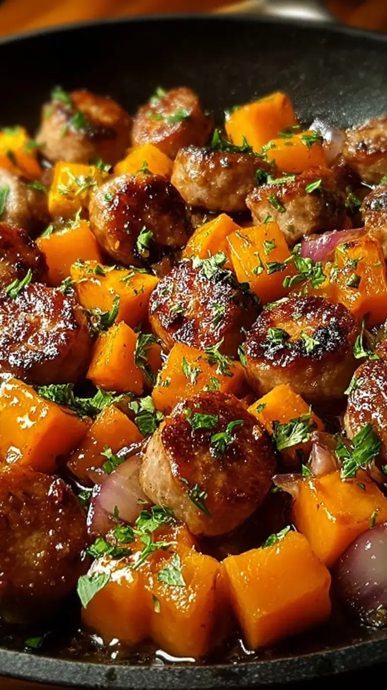 Roasted smoked sausage rounds and cubed sweet potatoes on a parchment-lined sheet pan with honey garlic glaze and fresh parsley.