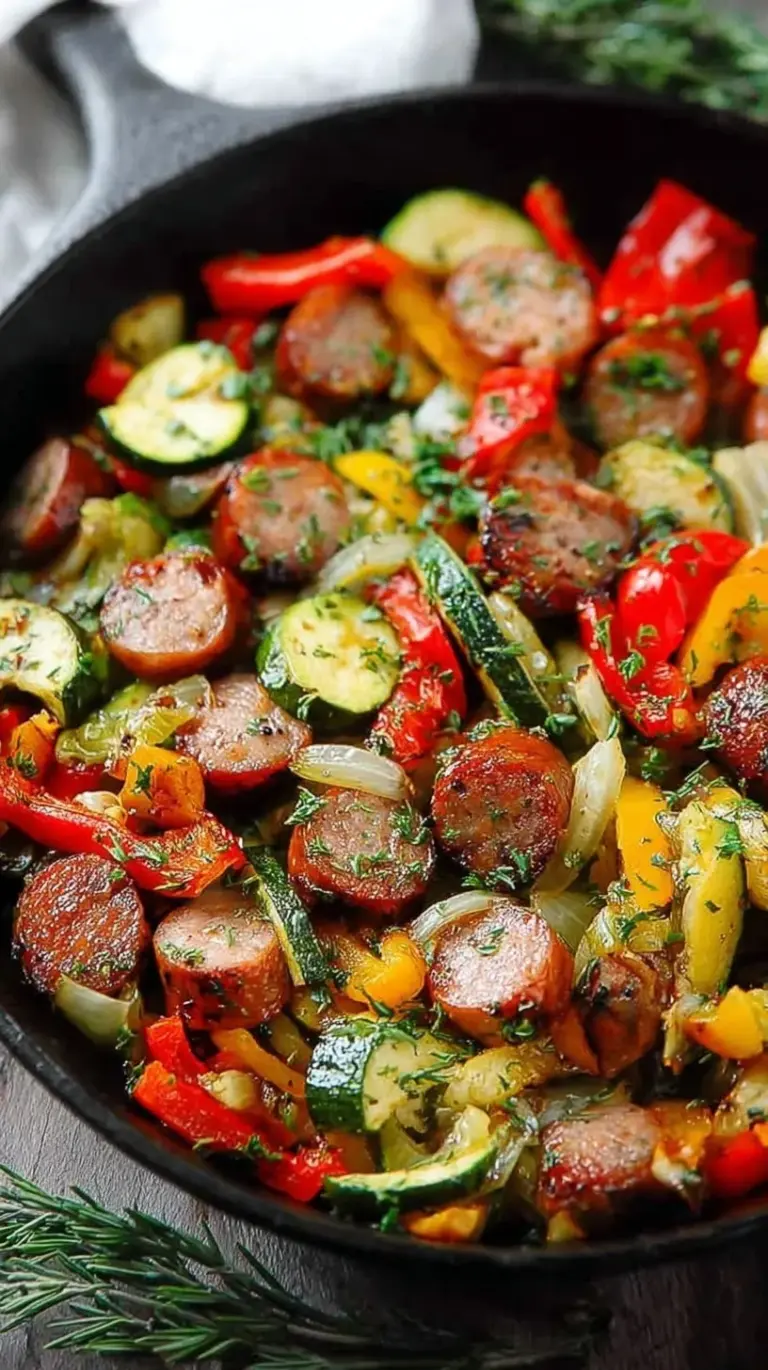 A colorful sausage and veggies skillet with browned smoked sausage, green zucchini, and red and green bell peppers.