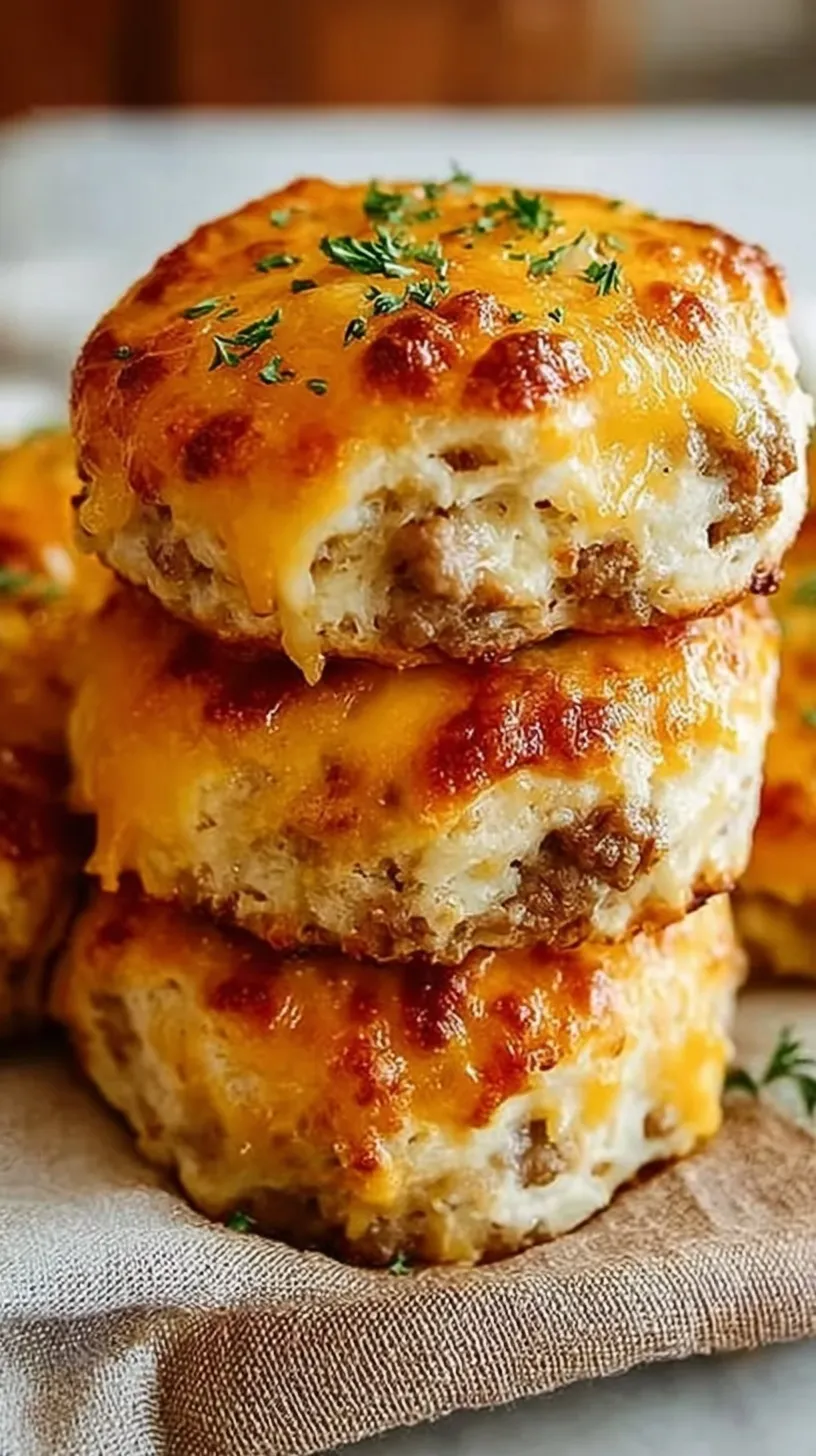 Golden brown butter swim biscuits with sausage and cheese in a baking pan