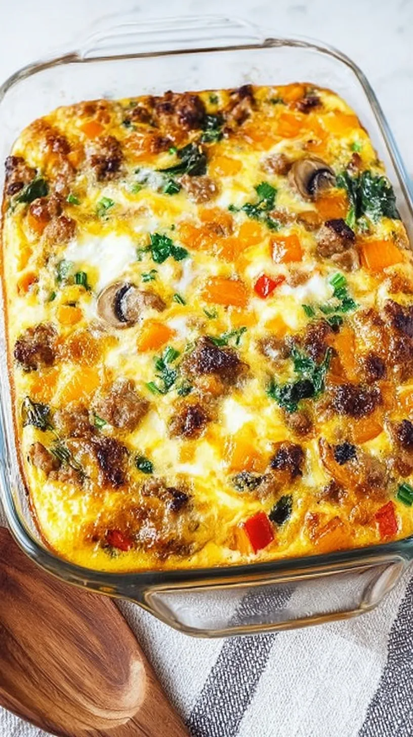 A golden brown breakfast casserole in a baking dish with sausage, eggs, and green spinach