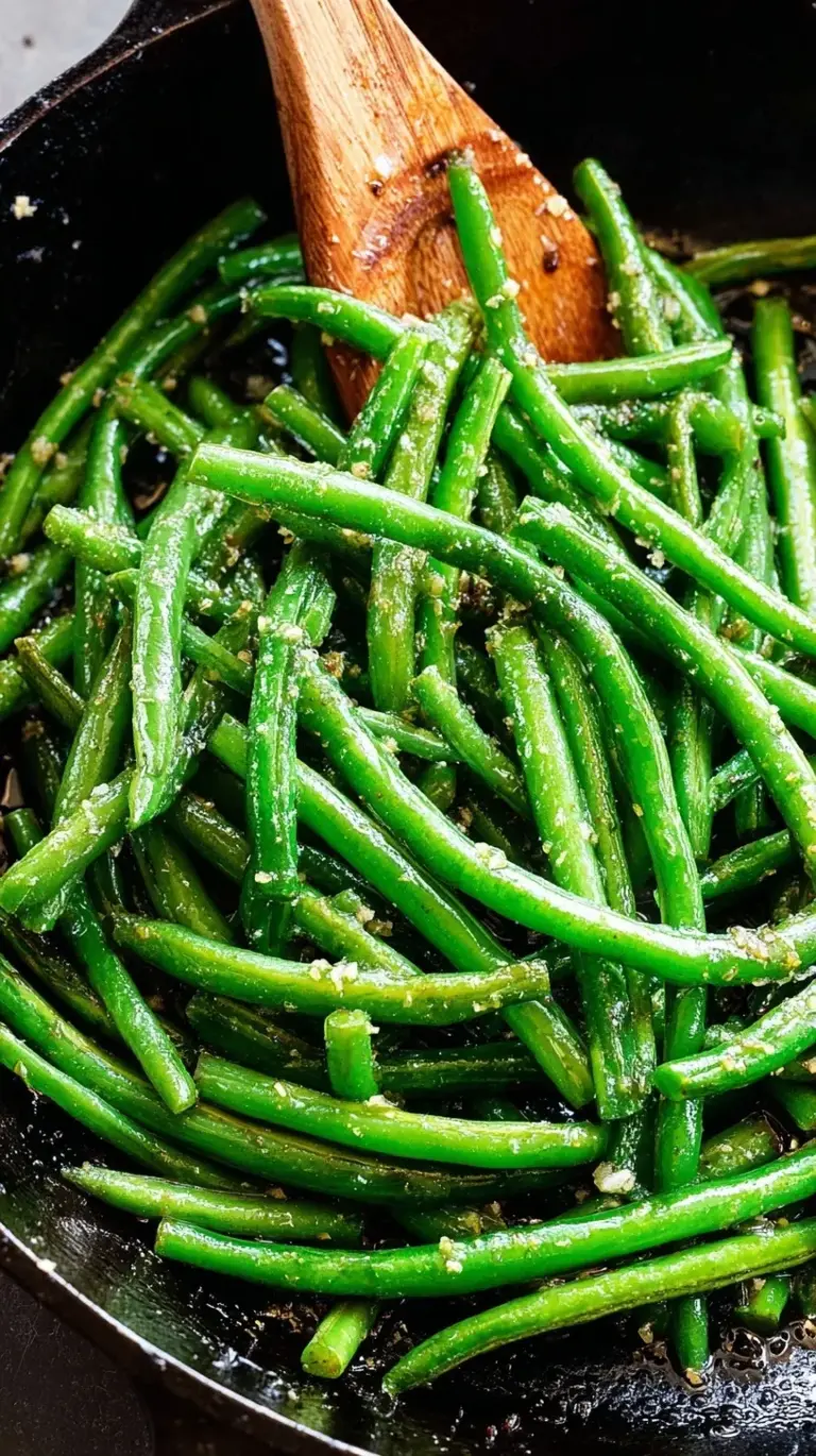 Fresh green beans sautéed in a skillet with garlic and melted butter.