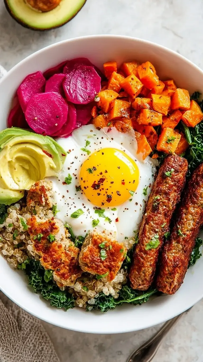 A colorful savory breakfast bowl with quinoa, green kale, red tomatoes, and a poached egg on top.