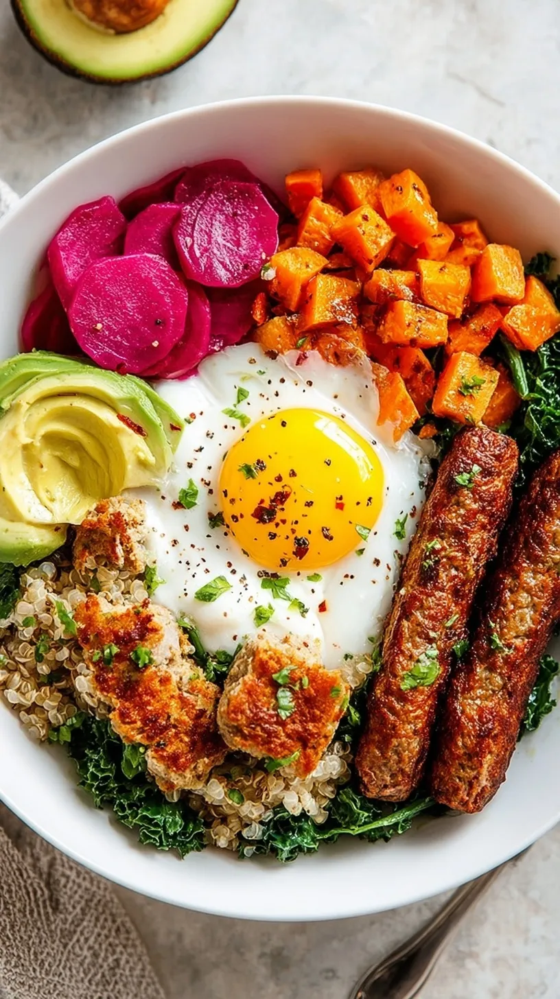 A colorful savory breakfast bowl with quinoa, green kale, red tomatoes, and a poached egg on top.