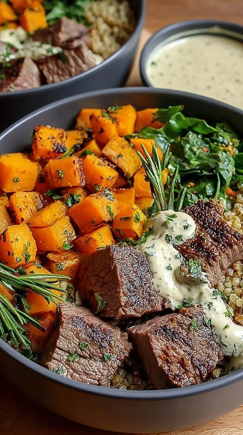 A vibrant meal prep bowl with seared steak cubes, roasted orange butternut squash, green spinach, and fluffy quinoa.
