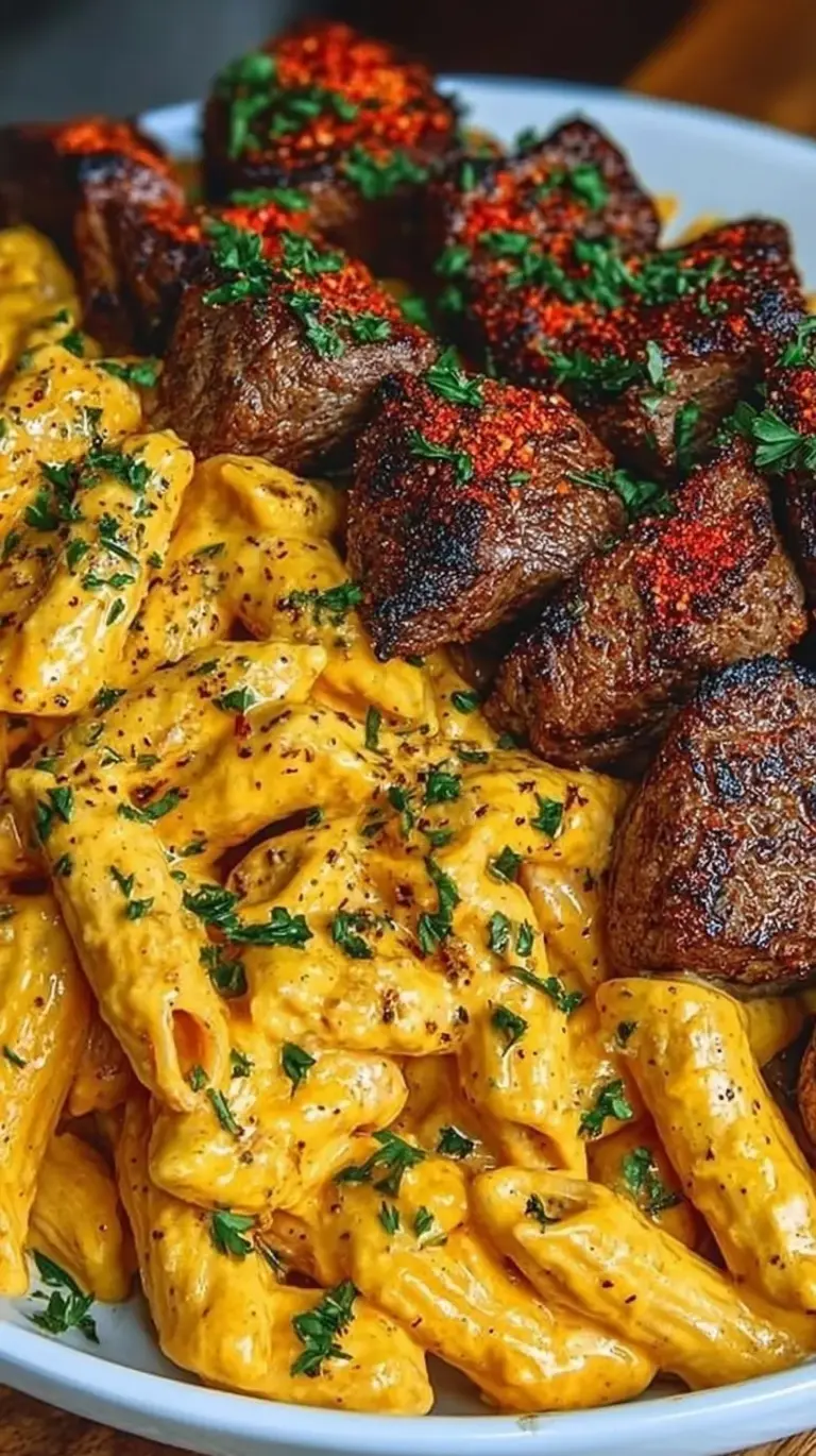 Pan-seared Cajun steak tips served over creamy penne pasta with fresh parsley garnish