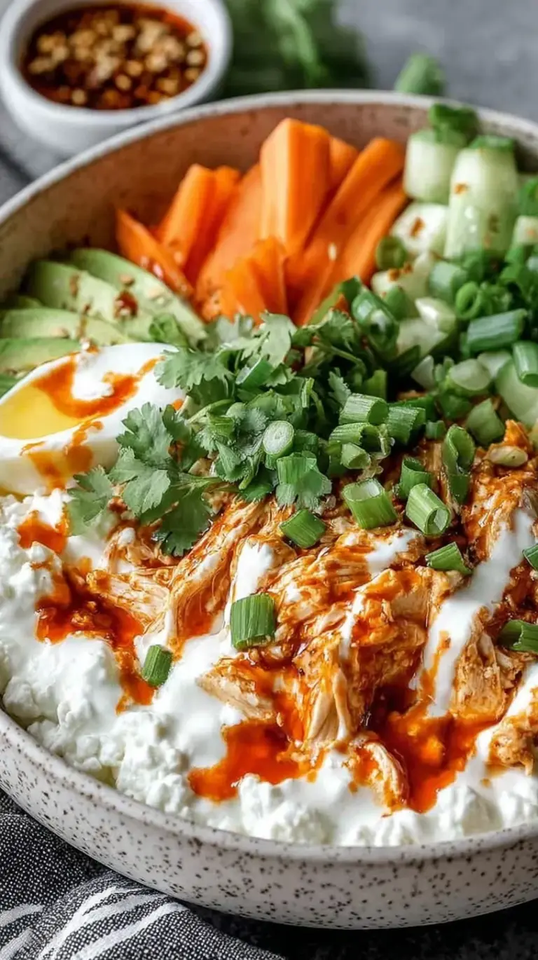 A white bowl filled with creamy cottage cheese topped with cucumbers, tomatoes, avocado, and fresh chives.