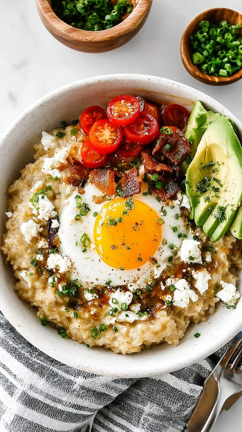 A white bowl filled with creamy savory oatmeal topped with a soft-cooked egg and fresh green chives.