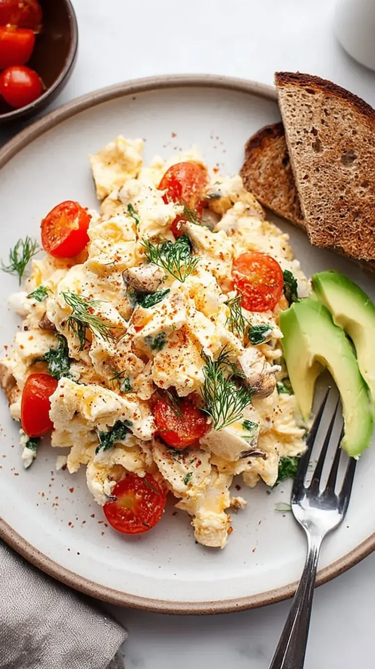Close up of fluffy, soft scrambled egg whites in a white bowl with fresh black pepper.
